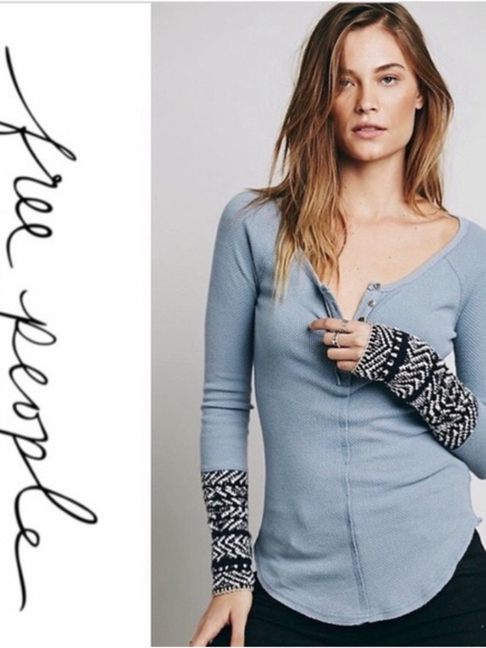 🩵 Free People Fair Isle Cuff Waffle Knit Henley Top Blue Small